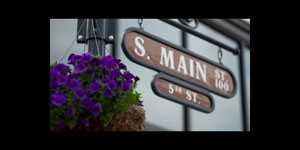 Insurance commercial image of street sign and purple flowers.